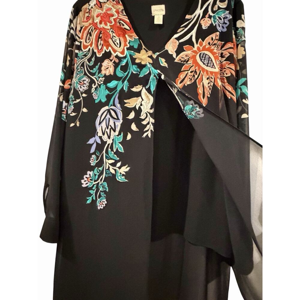 Chico’s Black Tunic Too W/ Multicolor Floral Embroidery Size XL Sheer Overlay - Picture 9 of 14